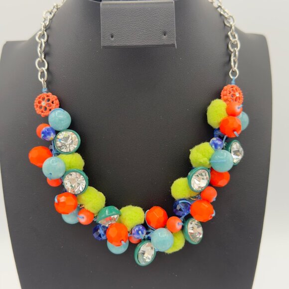 Bright Colorful Beaded Pom Pom Cha Cha Necklace Orange Green Blue Rhinestones - Picture 1 of 13